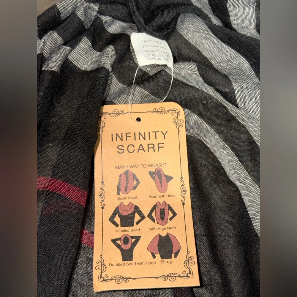 NWT Black and Gray Striped Infinity Scarf with Red‎ Accents
